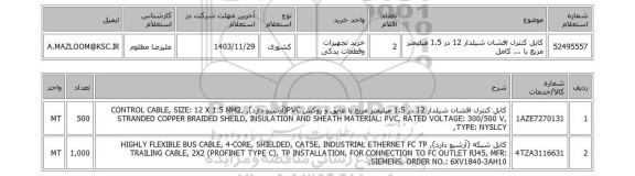 استعلام کابل کنترل افشان شیلدار 12 در 1.5 میلیمتر مربع با ... کامل