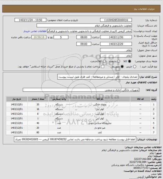 استعلام تعدادی یخچال - کولر - صندلی و میزمطالعه - کمد فلزی طبق لیست پیوست