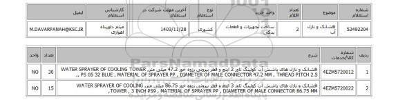 استعلام افشانک و نازل آب