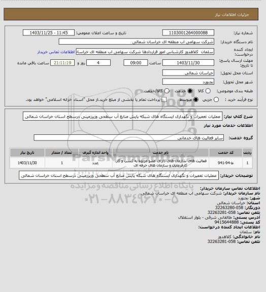 استعلام عملیات تعمیرات و نگهداری ایستگاه های شبکه پایش منابع آب سطحی وزیرزمینی درسطح استان خراسان شمالی