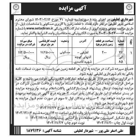 مزایده تعداد 10 قطعه زمین با کاربری مسکونی 