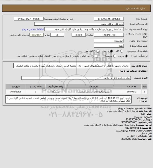 استعلام جابجایی تجهیزات اتاق رله ایستگاههای قدس ، خاور، نظامیه قدیم و صفافی انبارهای گروه ارتباطات و علائم الکتریکی