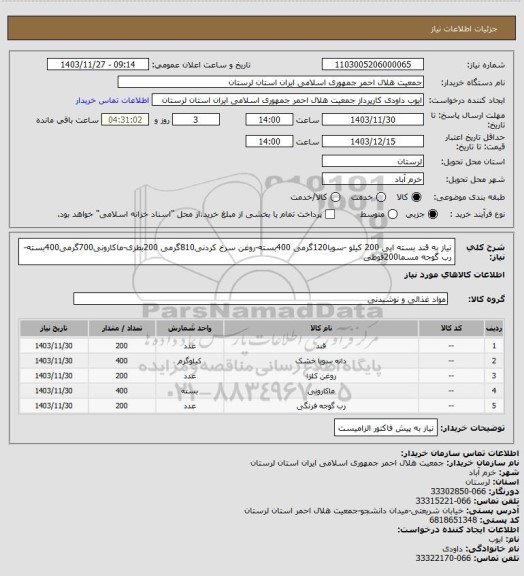 استعلام نیاز به قند بسته ایی 200 کیلو -سویا120گرمی 400بسته-روغن سرخ کردنی810گرمی 200بطری-ماکارونی700گرمی400بسته-رب گوجه مسما200قوطی