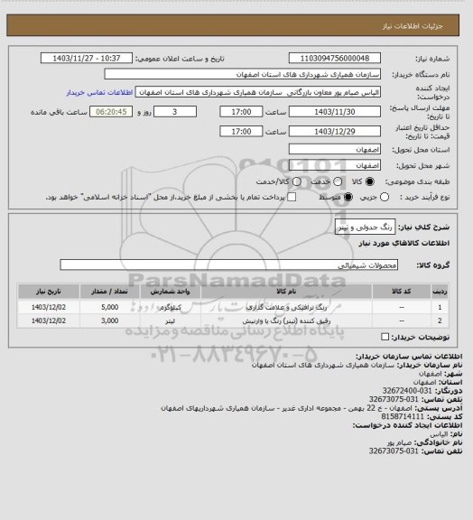 استعلام رنگ جدولی و تینر