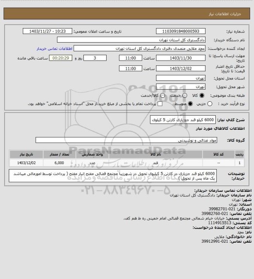 استعلام 6000 کیلو قند جوزیاری  کارتن 5 کیلوی