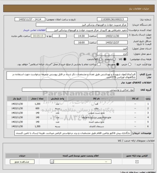 استعلام قند/چای/مواد شوینده و بهداشتی طبق تعداد و مشخصات ذکر شده در فایل پیوستی ضمیمه درخواست جهت استفاده در پایگاههای اورژانس 115 البرز.