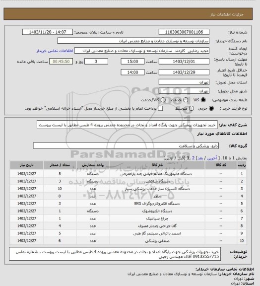 استعلام خرید تجهیزات پزشکی جهت پایگاه امداد و نجات در محدوده معدنی پروده 4 طبس مطابق با لیست پیوست