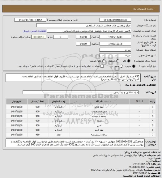 استعلام 450 عدد پک آجیل شامل(بادام مامایی اعلاء،بادام هندی درشت،پسته اکبری فوق اعلاء،تخمه جابانی اعلاء،تخمه کدو،گردوآذرشهر اعلاء.ساک جاجیم)