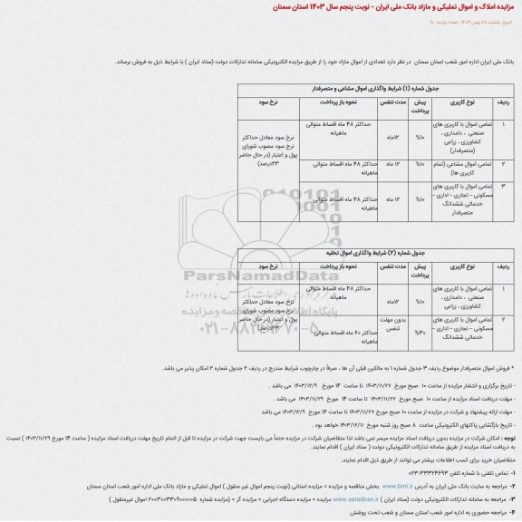 مزایده املاک و اموال تملیکی و مازاد - نوبت پنجم