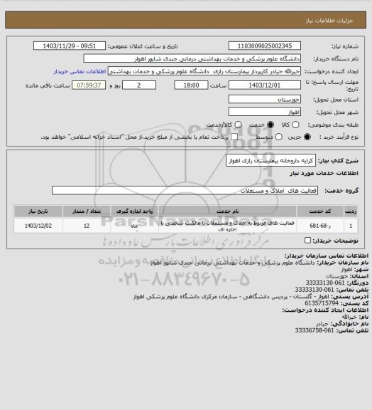 استعلام کرایه داروخانه بیمارستان رازی اهواز