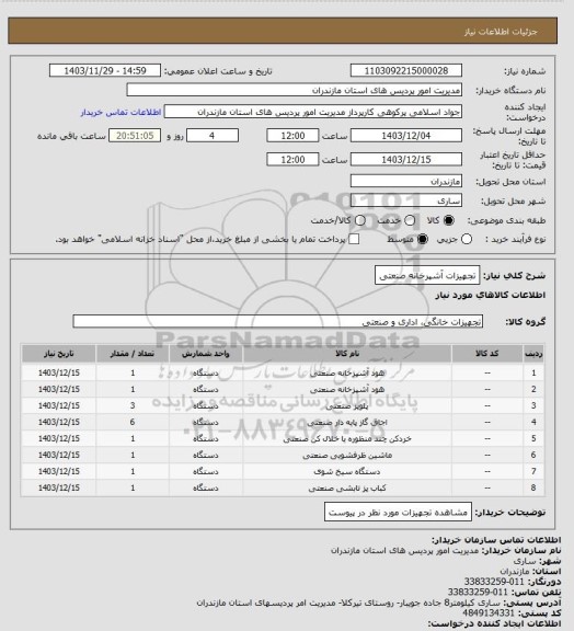 استعلام تجهیزات آشپرخانه صنعتی