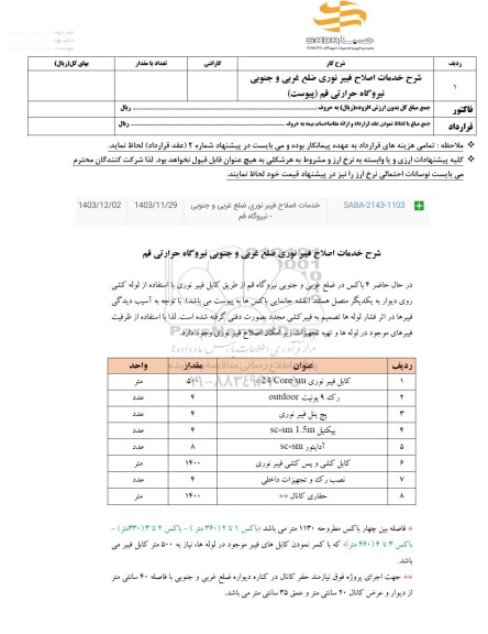 استعلام خدمات اصلاح فیبر نوری ضلع غربی و جنوبی ...