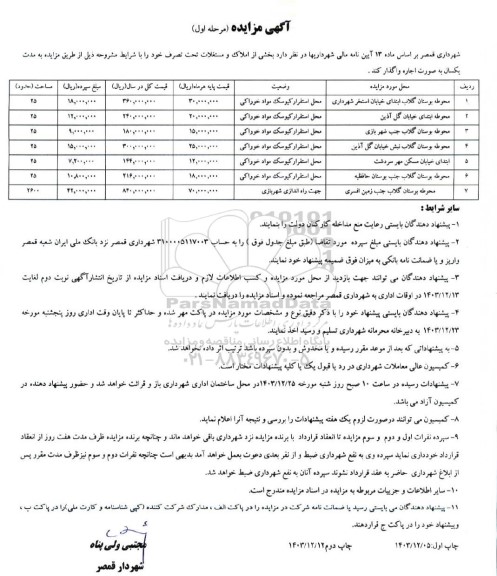  مزایده اجاره بخشی از املاک و مستغلات تحت تصرف