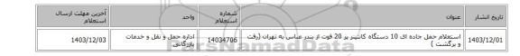 استعلام  حمل جاده ای 10 دستگاه  کانتینر پر 20 فوت  از بندر عباس به تهران  (رفت و برگشت  )