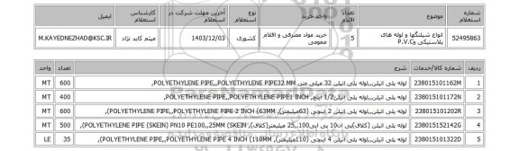 استعلام انواع شیلنگها و لوله های پلاستیکی وP.V.C