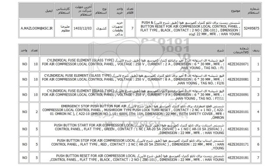 استعلام شستی ریست برای تابلو کنترل کمپرسور هوا (طبق شرح لاتین) & PUSH BUTTON RESET FOR AIR COMPRESSOR LOCAL CONTROL PANEL , FLAT TYPE , BLACK , CONTACT : 2 NO ( ZBE-101) , DIMENSION : 22 MM , MFR . : HAN YOUNG کوتاه