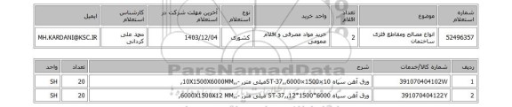 استعلام انواع مصالح ومقاطع فلزی ساختمان