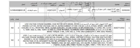 استعلام 	موتور 0.37 کیلووات کابل جمع کن و موتور 2.2 کیلو وات