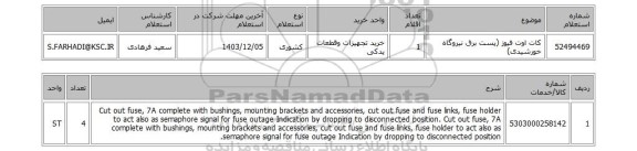 استعلام کات اوت فیوز (پست برق نیروگاه خورشیدی)