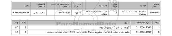 استعلام ساختمان وتاسیسات شبکه وتجهیزات