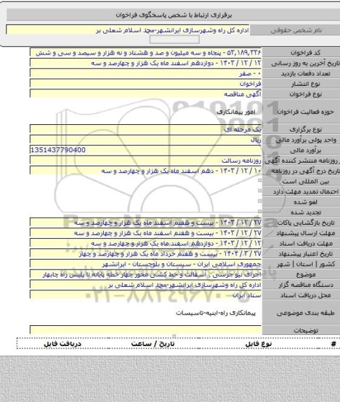 مناقصه, اجرای نیو جرسی ٬ آسفالت و خط کشی محور چهار خطه پایانه تا پلیس راه چابهار