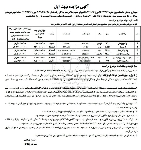 مزایده فروش شش دستگاه از انواع ماشین آلات