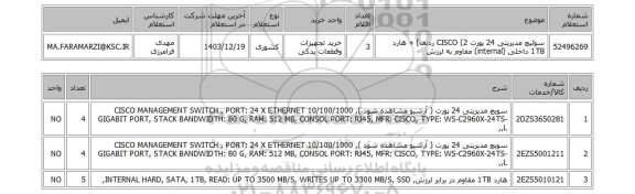 استعلام سوئیچ مدیریتی 24 پورت CISCO (2 ردیف) + هارد 1TB داخلی (internal) مقاوم به لرزش