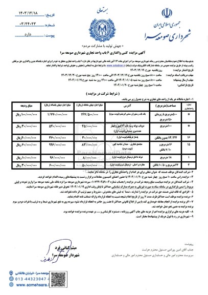 مزایده 6 باب واحد تجاری شهرداری