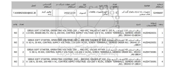 استعلام تجهیزات راه اندازی وانواع گرم کن های صنعتی