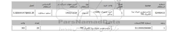 استعلام ترانسدیوسر جریان برنا الکتریک TRI