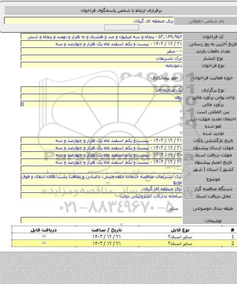 مناقصه, ترک تشریفات مناقصه خدمات علف چینی، باغبانی و نظافت پست های انتقال و فوق توزیع