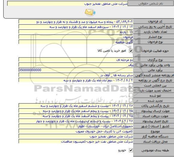 مناقصه, کامیونت ۶تن با کاربری حمل خودروی معیوب