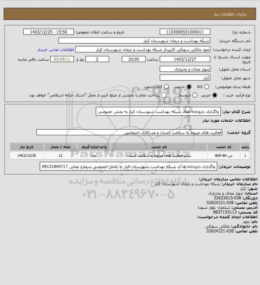 استعلام واگذاری داروخانه های شبکه بهداشت شهرستان کیار به بخش خصوصی