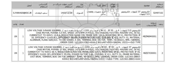 استعلام الکتروموتور 37 کیلووات ،الکتروموتور 5.5 کیلووات