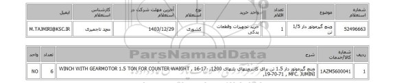 استعلام وینچ گیرموتور دار 1/5 تن