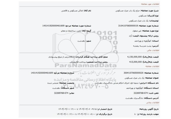 مزایده، یک باب منزل مسکونی