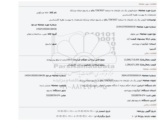 مزایده، فروش یک باب اپارتمان به شماره  729/3027 واقع در یاسوج خیابان پزشکبا مشخصات  به پیوست نظریه کارشناسی