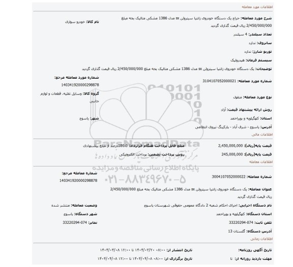 مزایده، یک دستگاه خودروی زانتیا سیتروئن sx مدل 1386 مشکی متالیک بخه مبلغ 2/450/000/000 ریال قیمت گذاری گردید