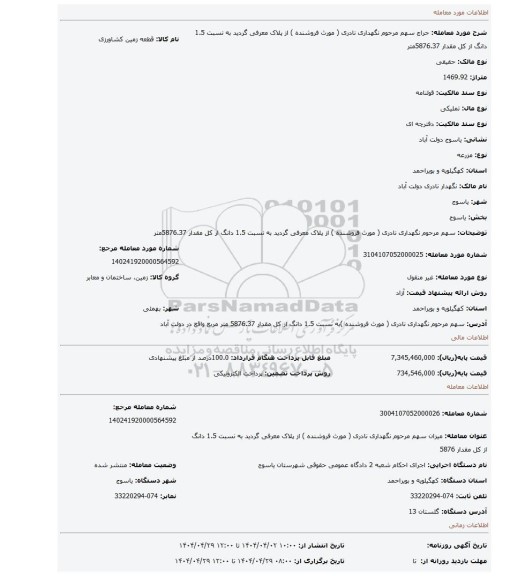 مزایده، سهم مرحوم نگهداری نادری ( مورث فروشنده ) از پلاک معرفی گردید به نسبت 1.5 دانگ از کل مقدار 5876.37متر