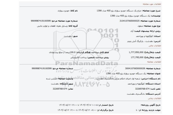 مزایده، یک دستگاه خودرو سواری پژو 405 مدل 1390