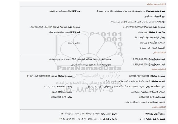 مزایده، فروش یک باب منزل مسکونی واقع در ابن سینا 3