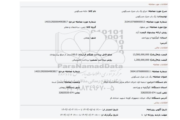 مزایده، یک باب منزل مسکونی