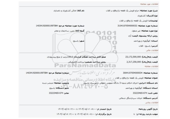 مزایده، فروش یک  قطعه باغ واقع در قلات