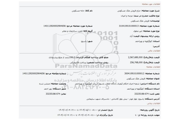 مزایده، فروش ملک مسکونی