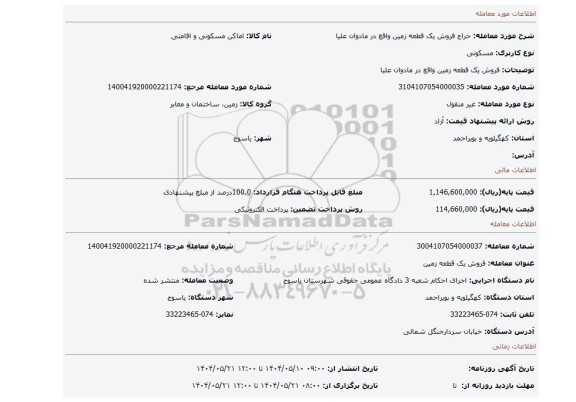 مزایده، فروش یک  قطعه زمین واقع در مادوان علیا