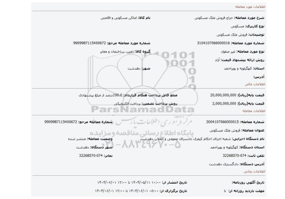 مزایده، فروش ملک مسکونی