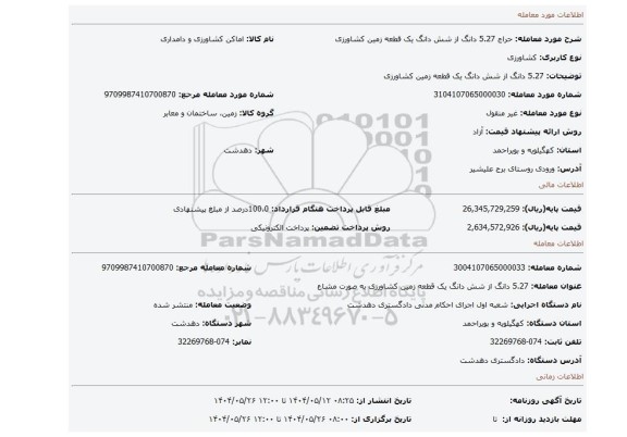 مزایده، 5.27 دانگ از شش دانگ یک قطعه زمین کشاورزی
