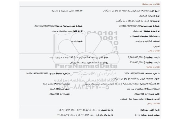 مزایده، فروش یک قطعه باغ واقع در ده برآفتاب