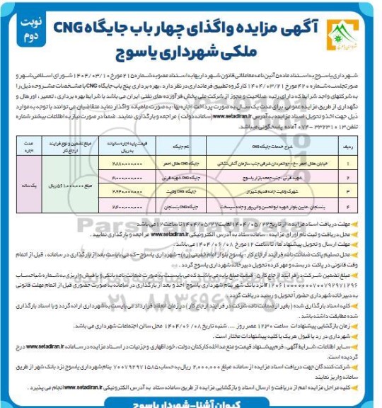 مزایده واگذاری چهار باب جایگاه CNG ملکی / نوبت دوم