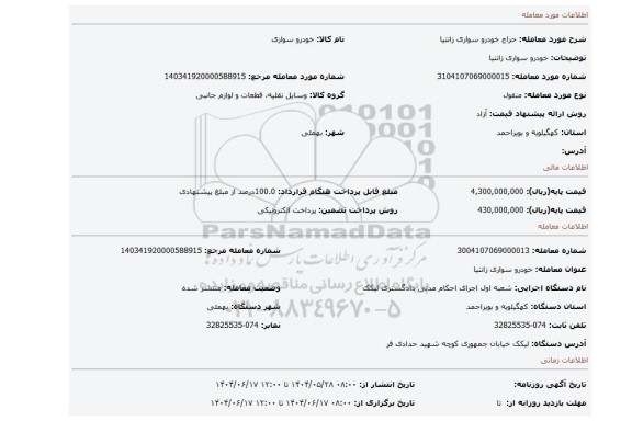 مزایده، خودرو سواری زانتیا